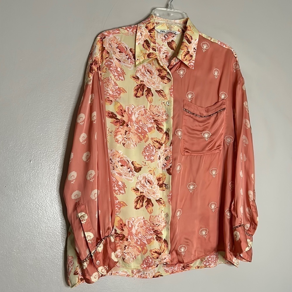 Zara Silia embroidered silky boho floral button down long sleeve beach large